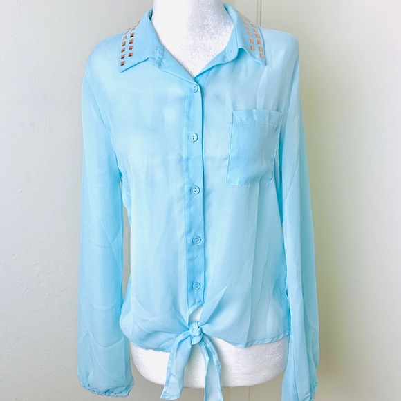 New Long Sleeve Metal accents Tie Front BLOUSE TOP - Picture 2 of 8